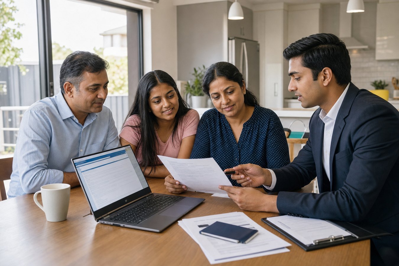 Indian Australian family and skilled migrant reviewing visa documents at home in Australia
