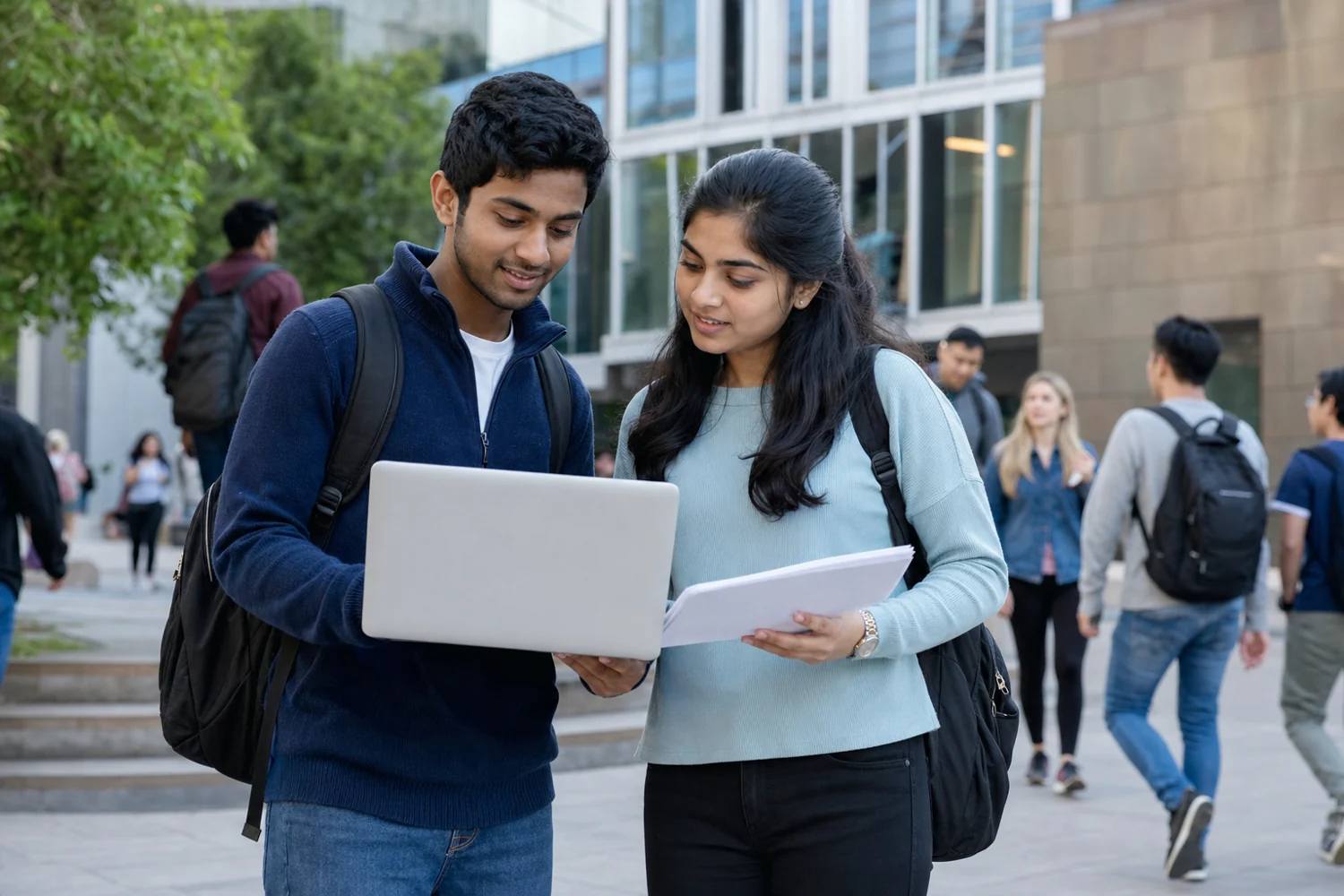 Indian students reviewing Australian university and student visa documents on a campus in Australia