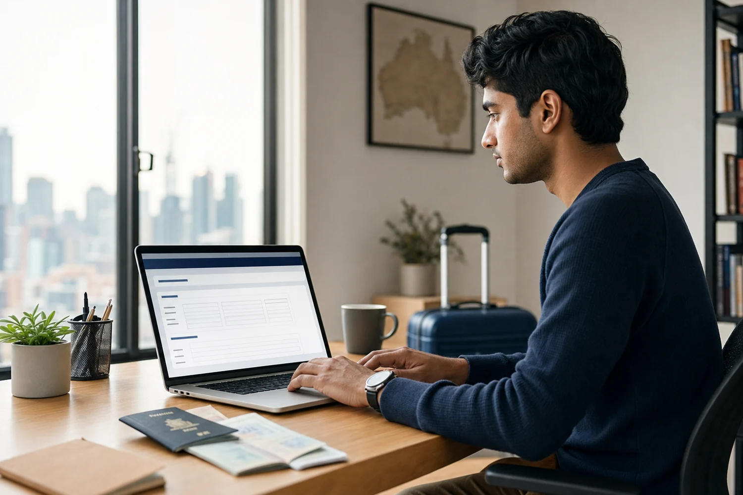 Young Indian applicant reviewing an Australian Work and Holiday visa ballot application on a laptop