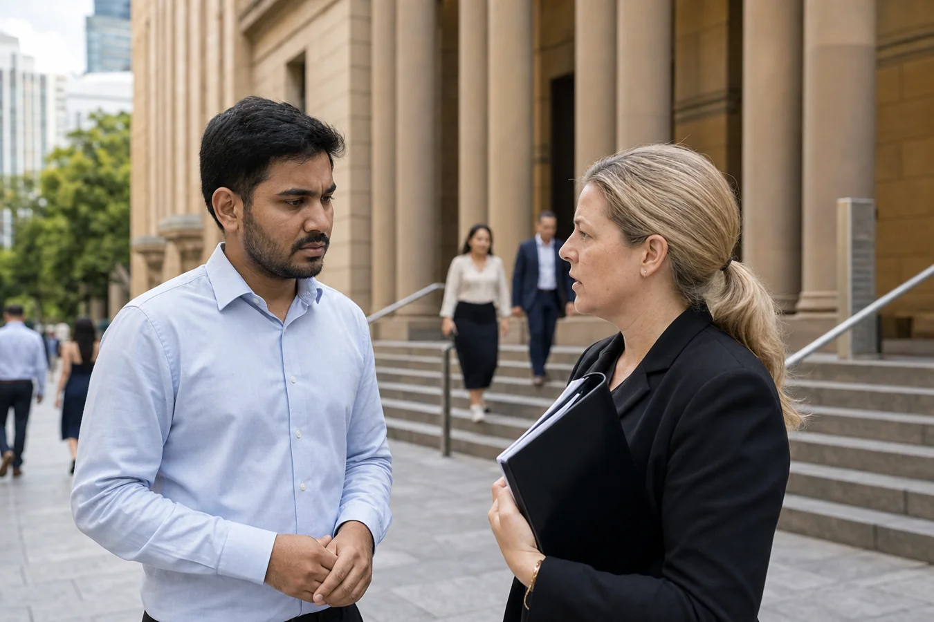 Indian-Australian community member speaking with a legal support worker outside a generic Australian government building in Brisbane
