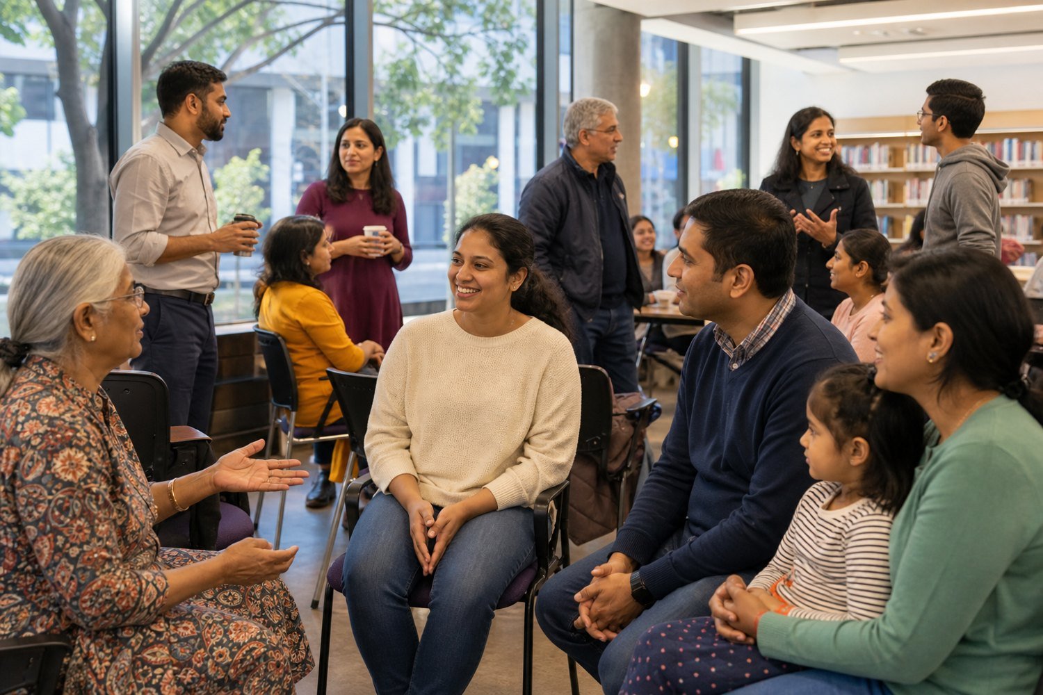 Indian Australian community members discussing migration and local support in a modern Australian community centre
