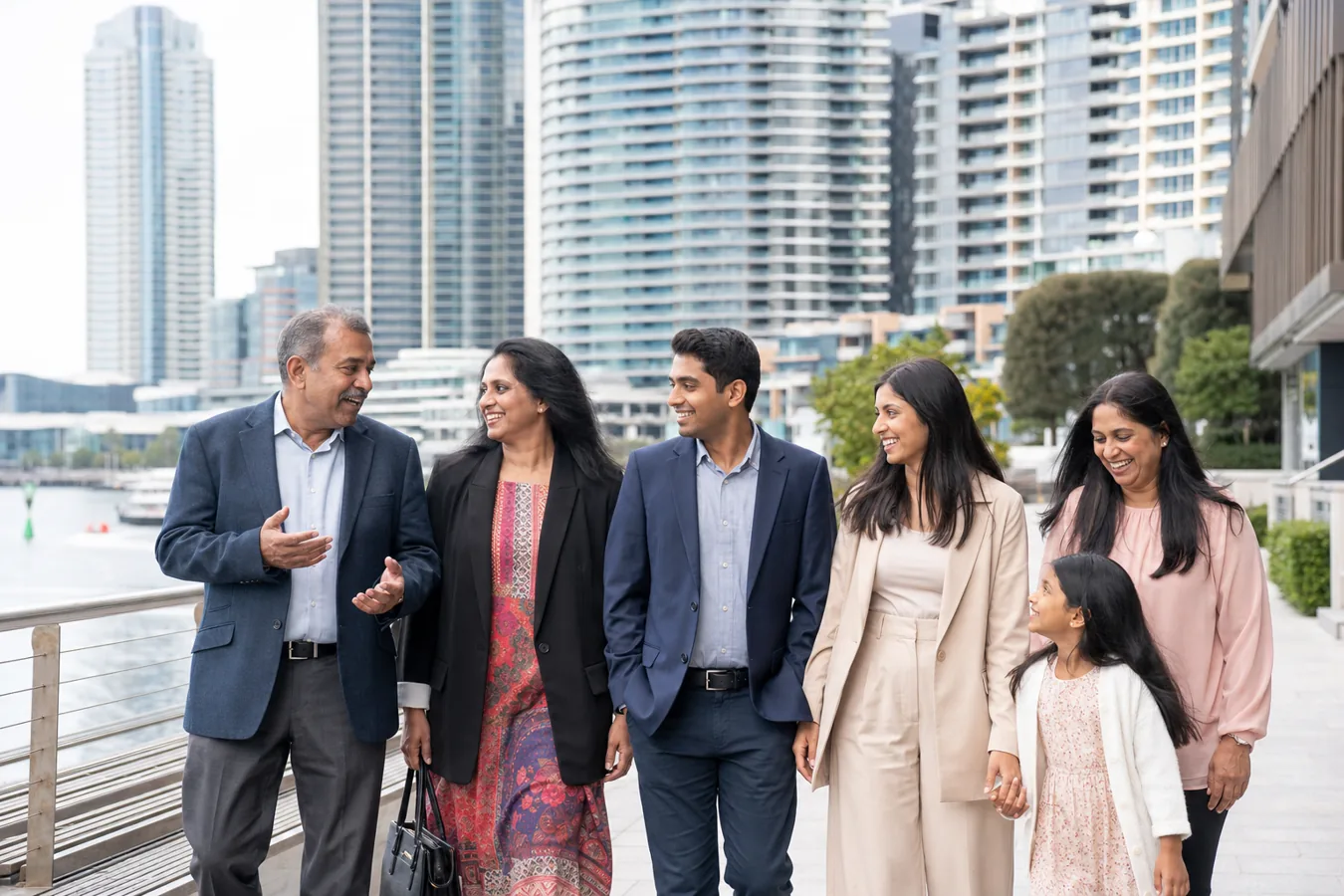 Indian-Australian families and business owners at Melbourne Docklands waterfront, representing the proposed Little India precinct