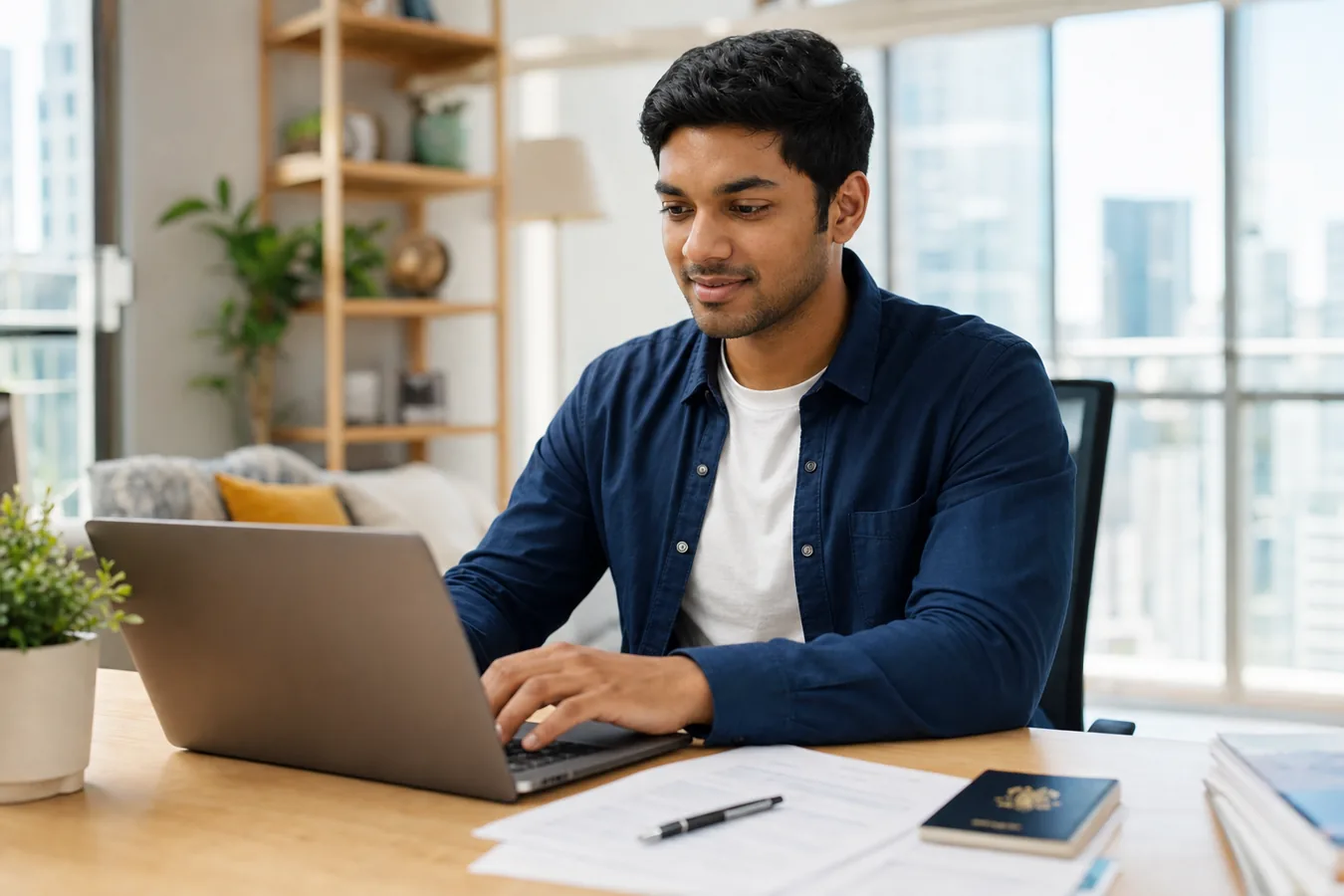 Young Indian professional in Australia preparing documents for the MATES visa pathway