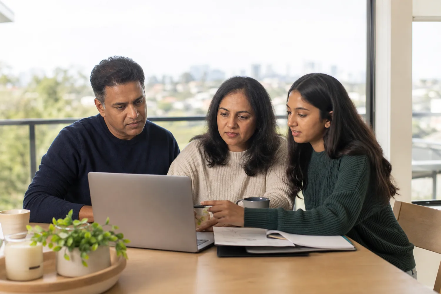 Indian Australian family reviewing Australian migration and visa documents on a laptop at home