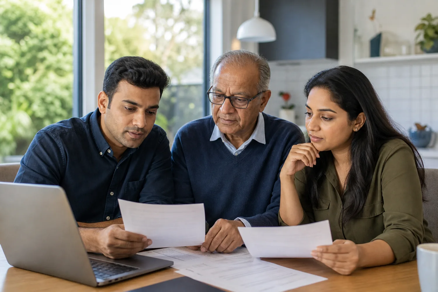 Indian-Australian family reviewing Australian family visa documents together at home