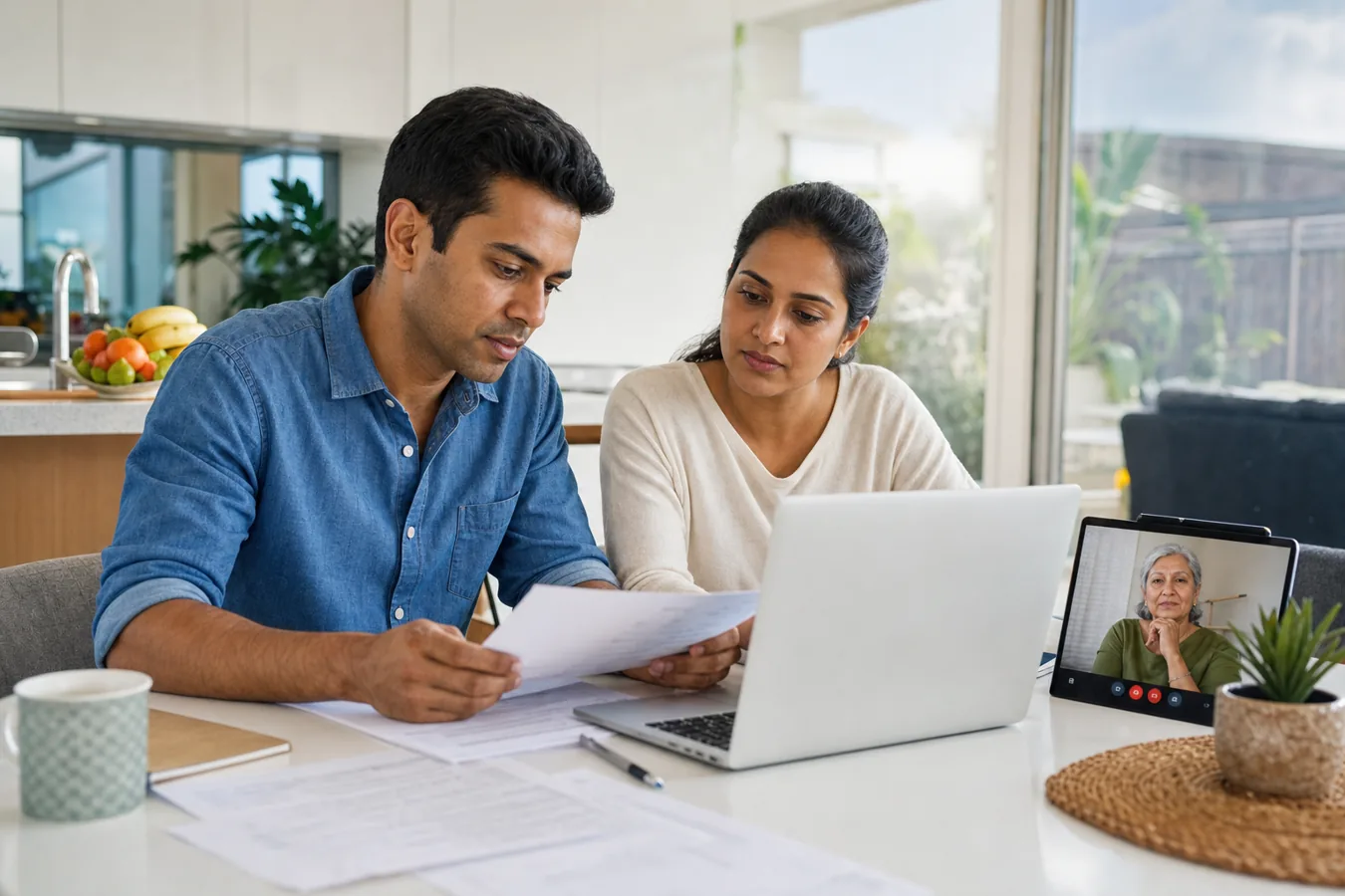 Indian-Australian family reviewing Other Family visa documents at home with an older parent on a video call