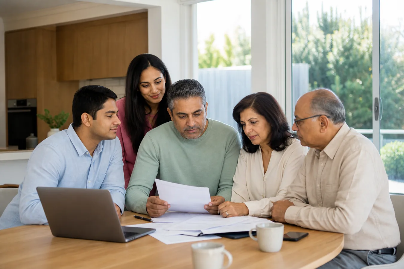 Indian-Australian family reviewing parent visa documents together at home in Australia