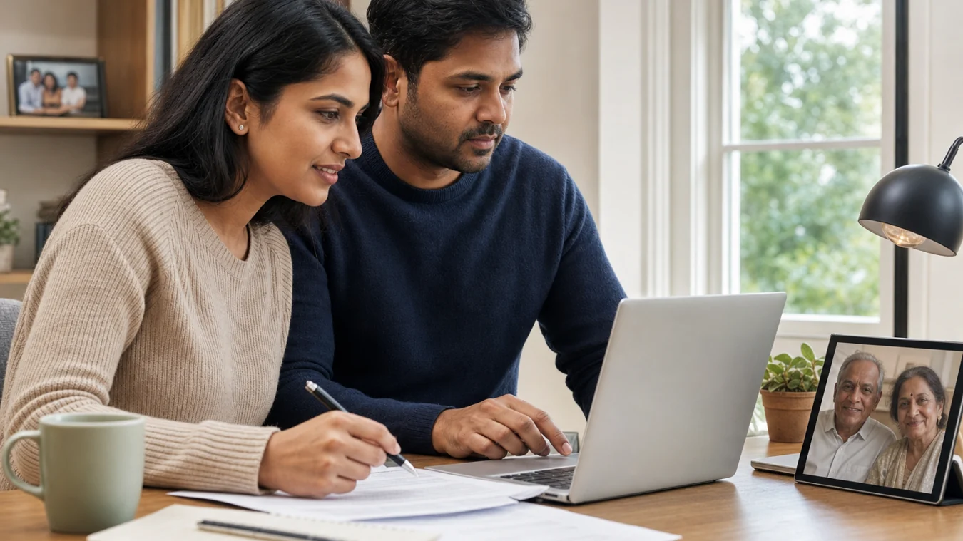 Indian-Australian family reviewing parent visa paperwork during a video call with elderly parents