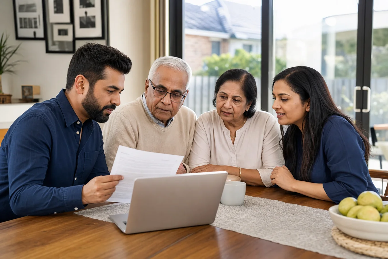 Indian-Australian family reviewing parent visa documents together at home in Australia