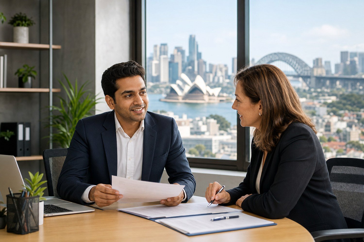 Indian-Australian skilled professional discussing employer-sponsored visa salary requirements in a modern Australian office