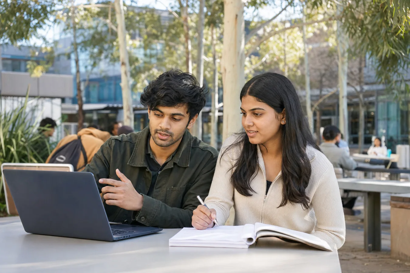 Indian international students in Australia reviewing course and visa documents on a university campus
