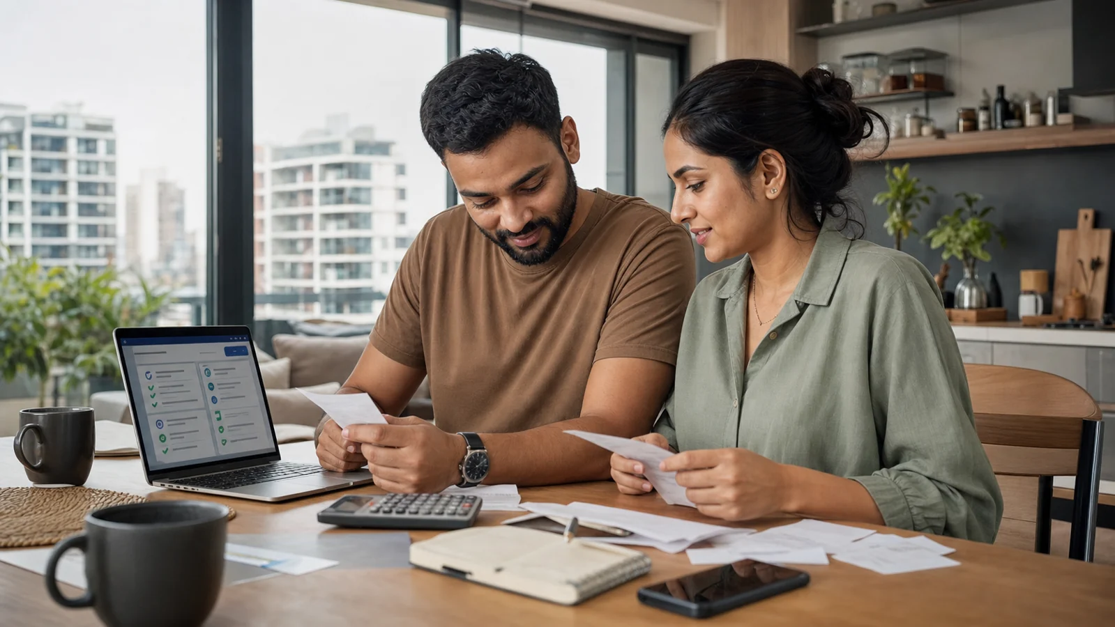 Indian Australian couple reviewing receipts and tax records at home before lodging an Australian tax return