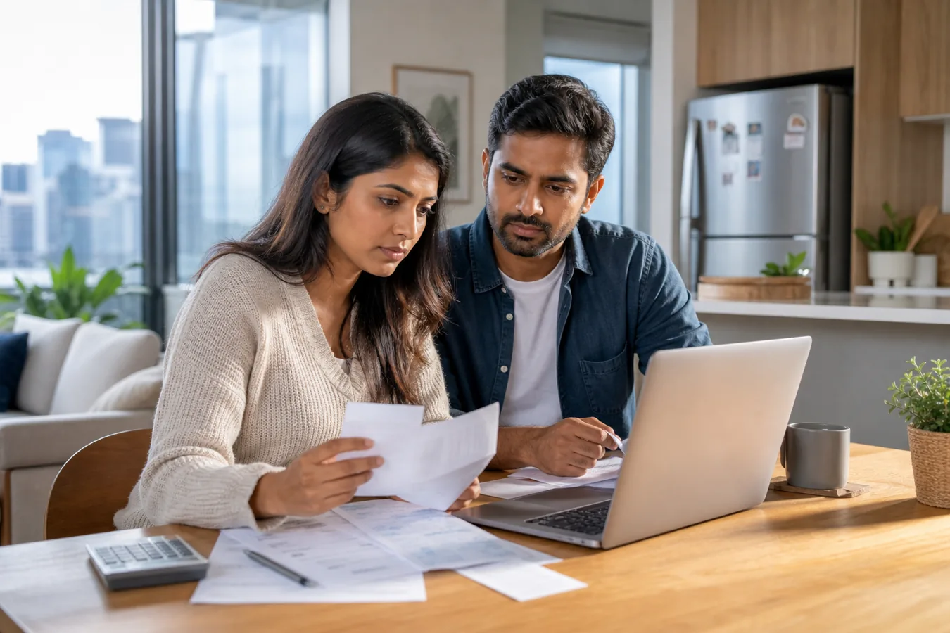 Indian-Australian couple reviewing tax records and receipts at home before the 2026 Australian tax deadline