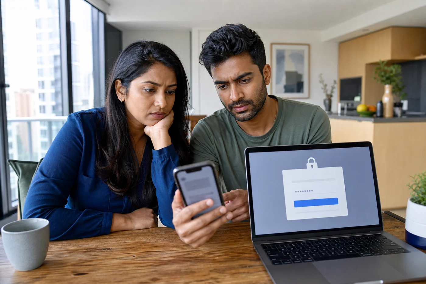Indian-Australian couple checking a laptop and phone for a possible ATO or myGov tax time scam message