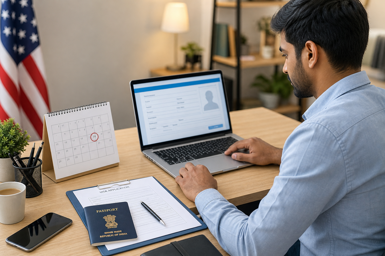 Indian traveller preparing documents for a US B1 B2 visitor visa interview appointment