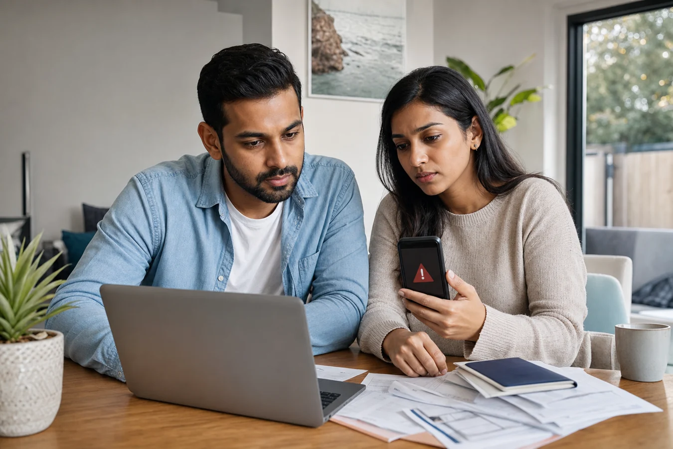 Indian Australian couple reviewing visa documents on a laptop while checking for migration scam warning signs