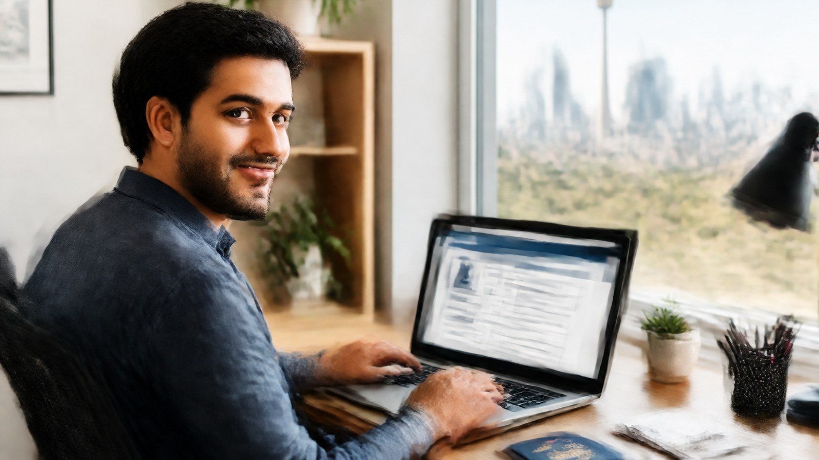 Young Indian professional in Australia preparing an online Work and Holiday visa ballot application at a laptop
