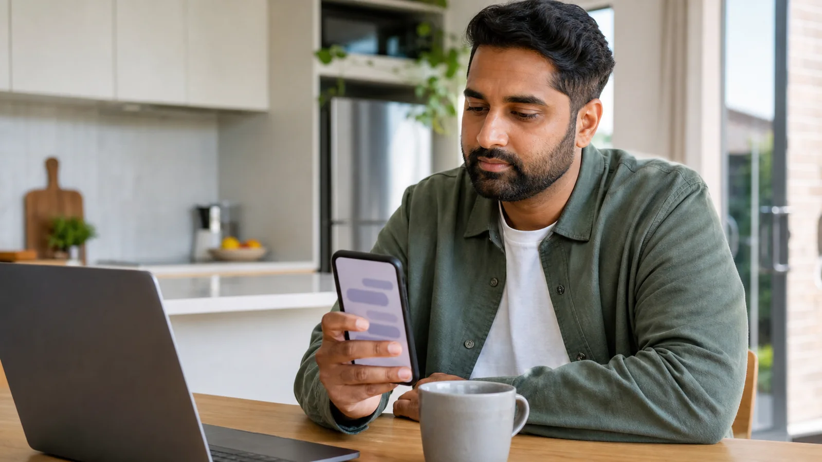 Indian Australian checking a mobile phone message under Australia’s new SMS sender ID safety system