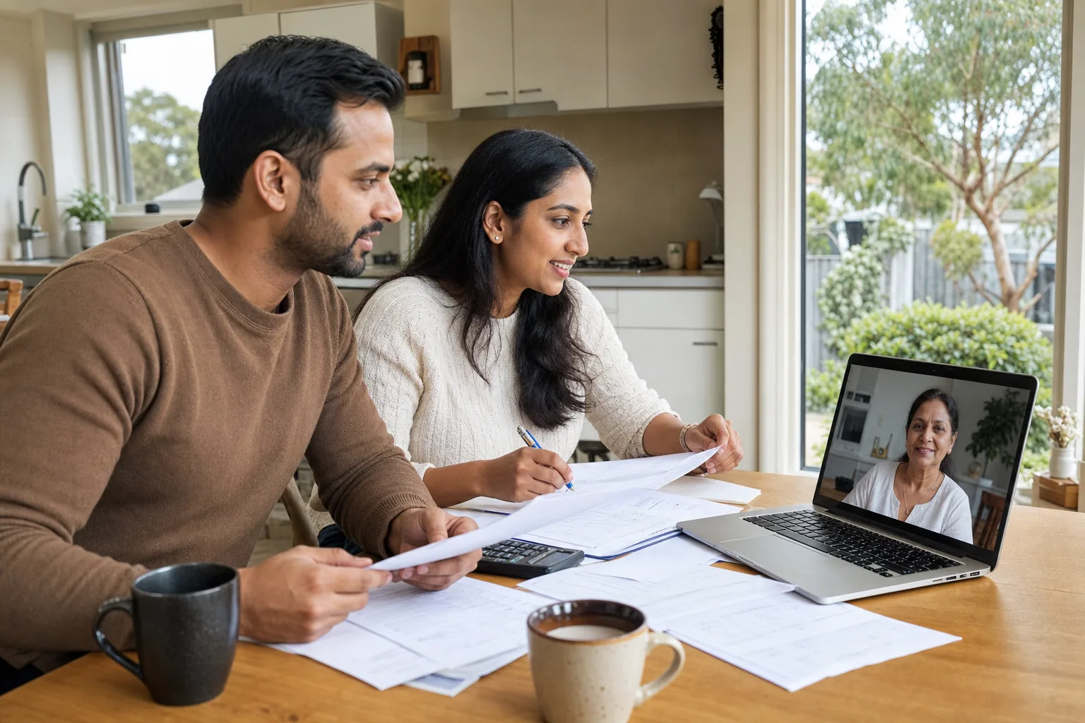 Indian Australian family reviewing Other Family visa paperwork at home while speaking with an older parent by video call