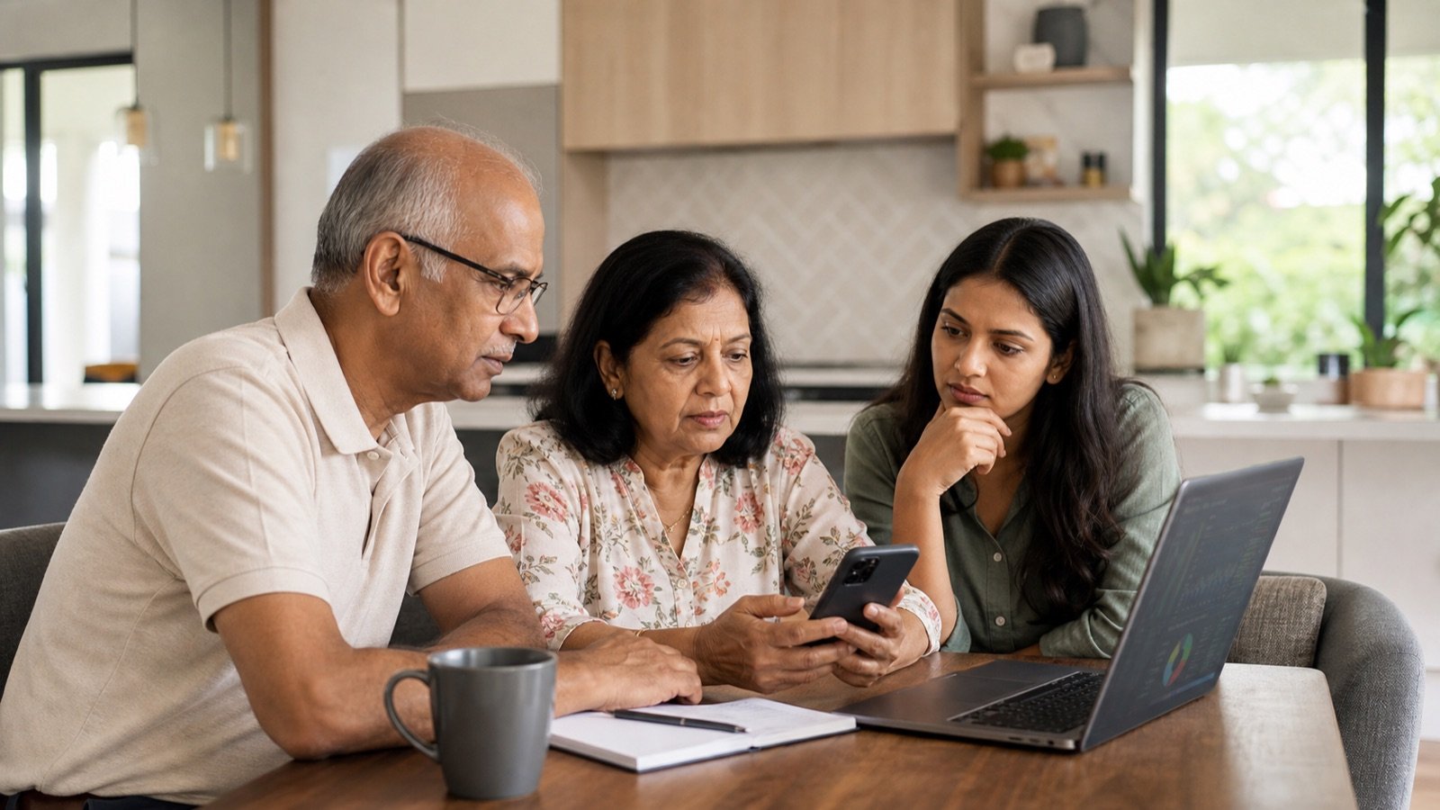 Indian-Australian family checking an online investment together on a smartphone and laptop at home