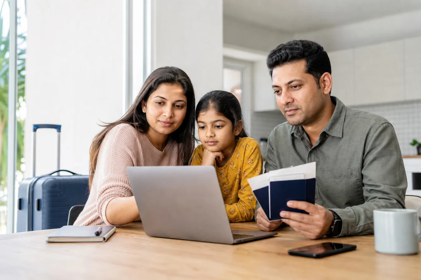 Indian-Australian family checking passports and travel documents before travelling to Australia