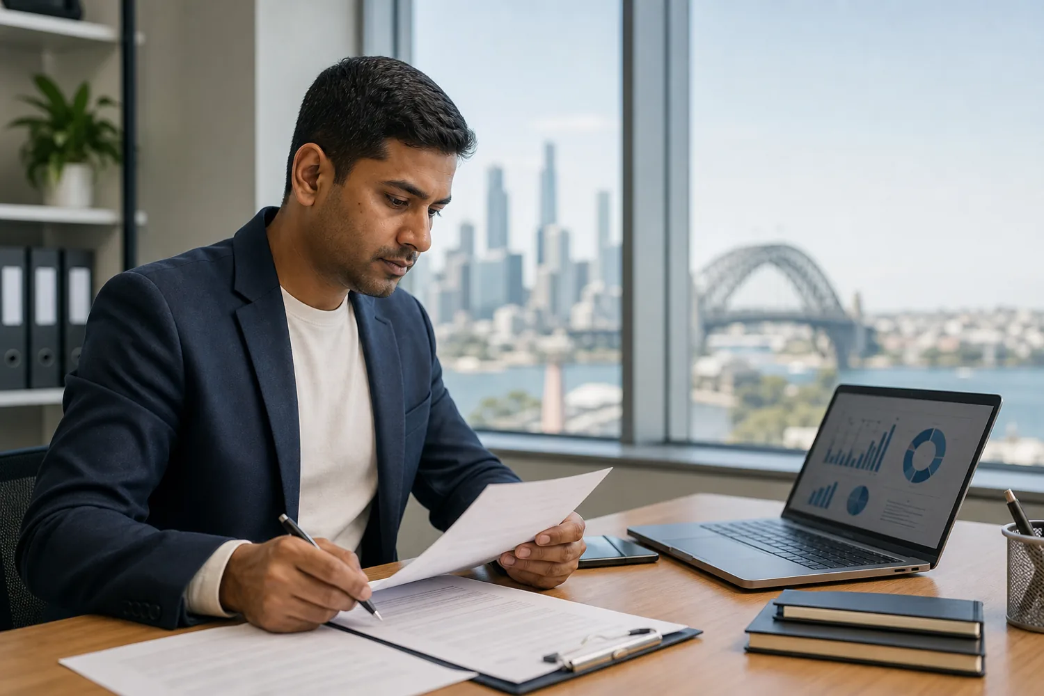 Indian Australian skilled worker reviewing employment contract and visa documents in a modern office