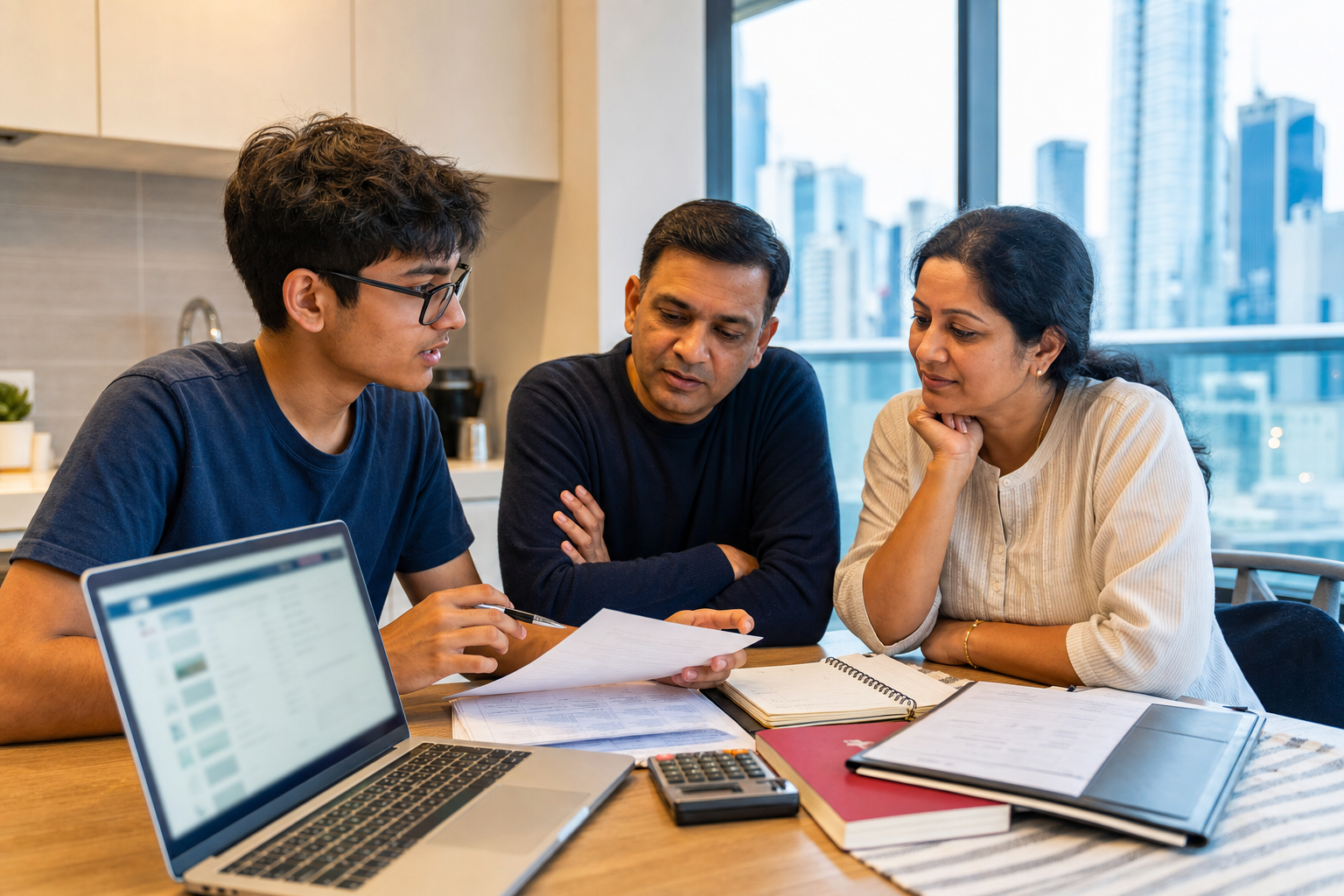 Indian-Australian students and family reviewing visa paperwork and budgeting for 2026 Australian visa fee increases at home