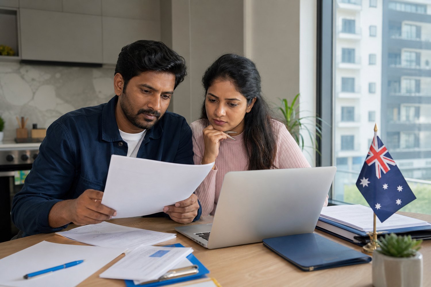 Indian Australian couple reviewing visa application costs and documents at home in Australia