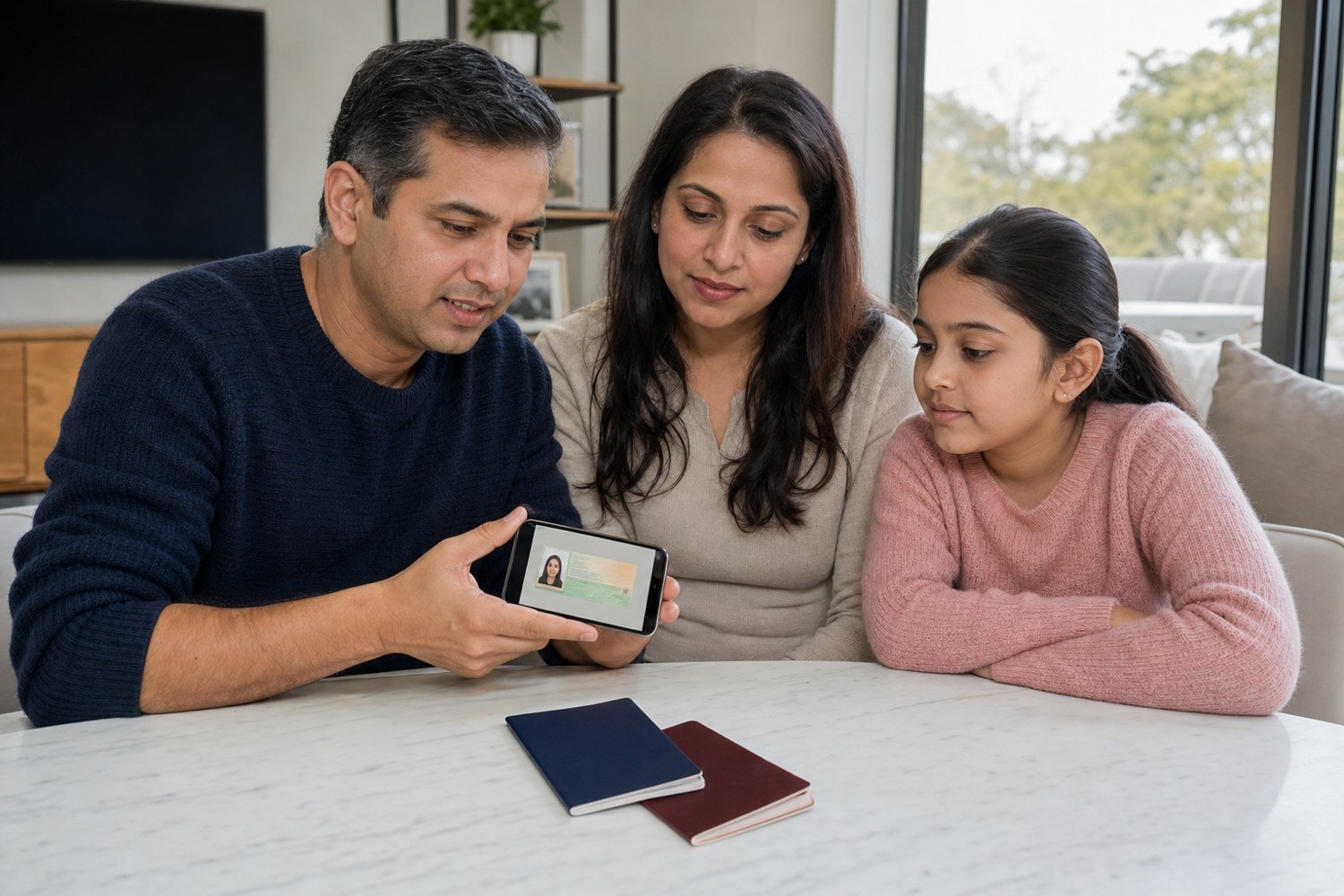 Indian Australian family checking a digital e-OCI card on a smartphone with travel documents on a table