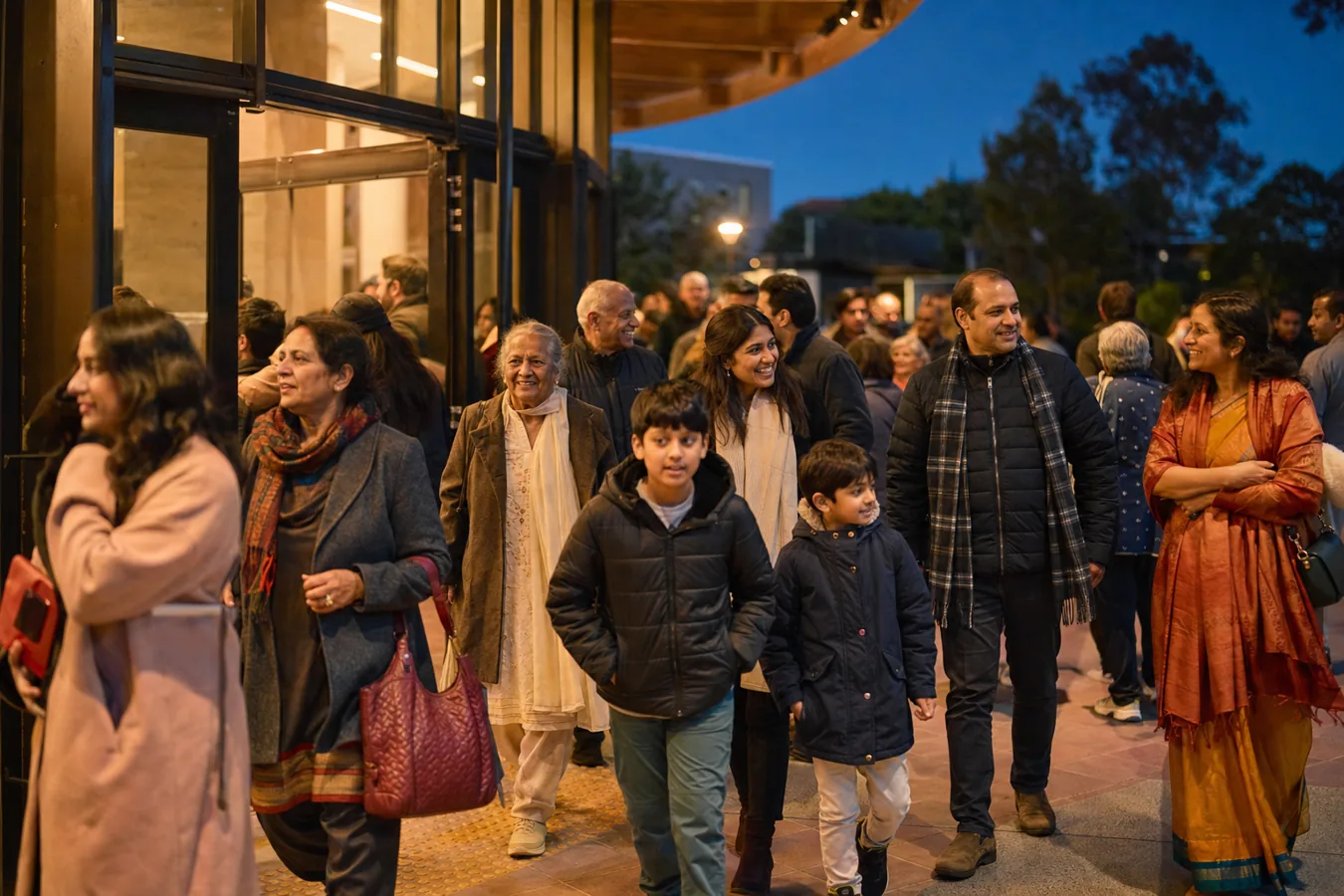 Indian Australian families arriving at a community arts venue for July cultural events in Australia