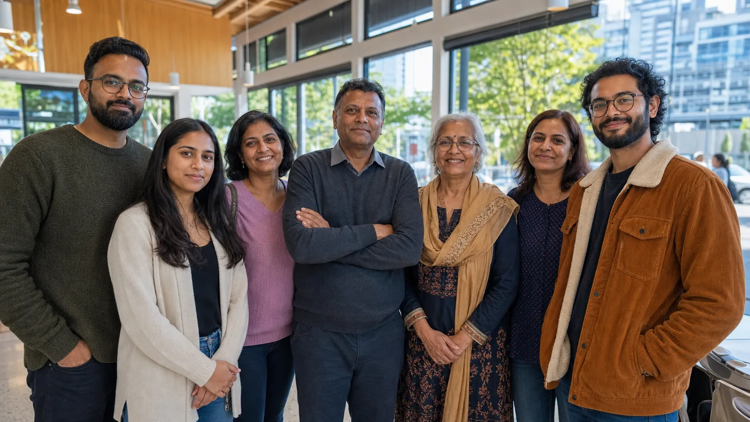 Indian Australian community members standing together in a modern Australian community centre
