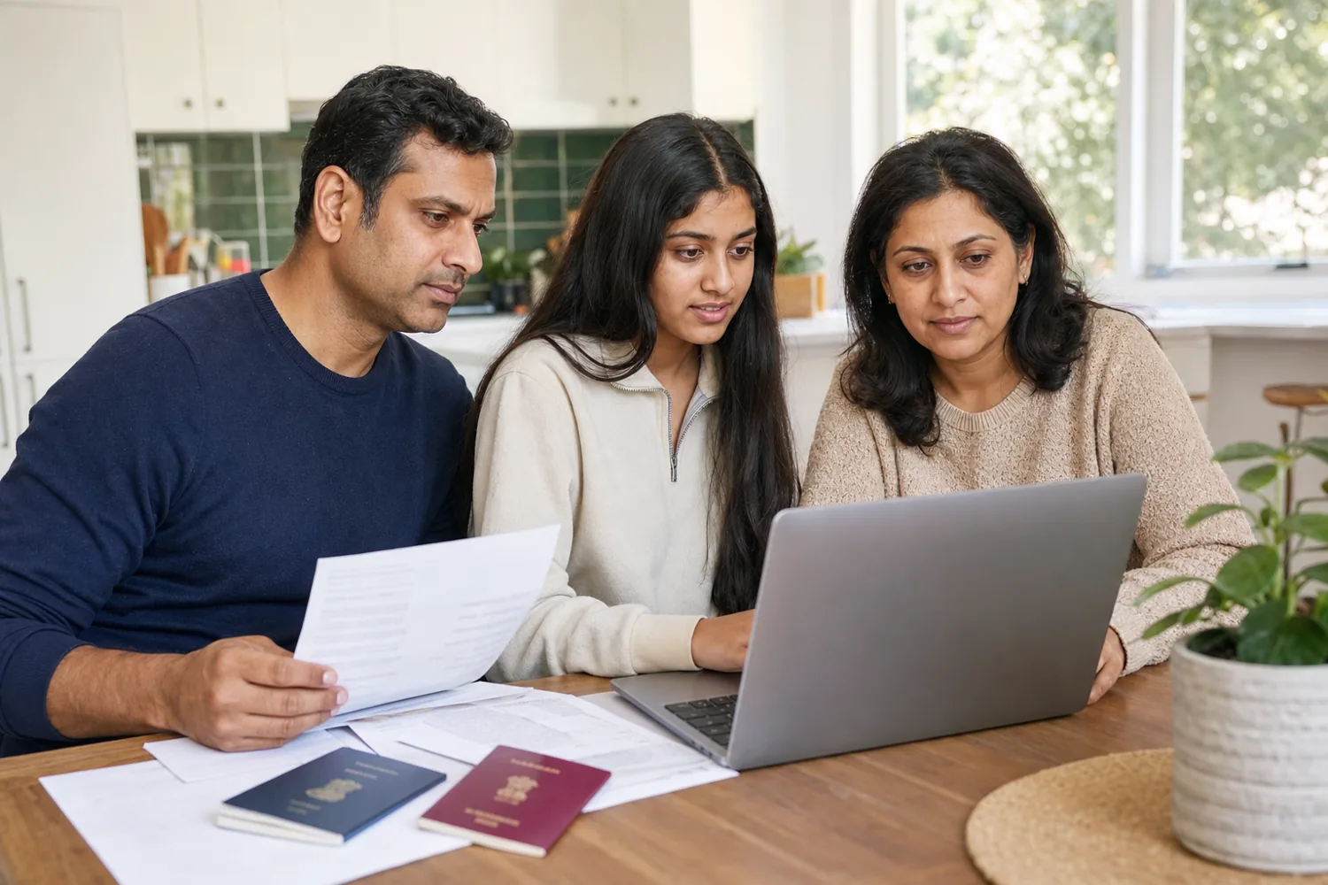 Indian-Australian family reviewing passport, OCI and visa documents online at home in Australia