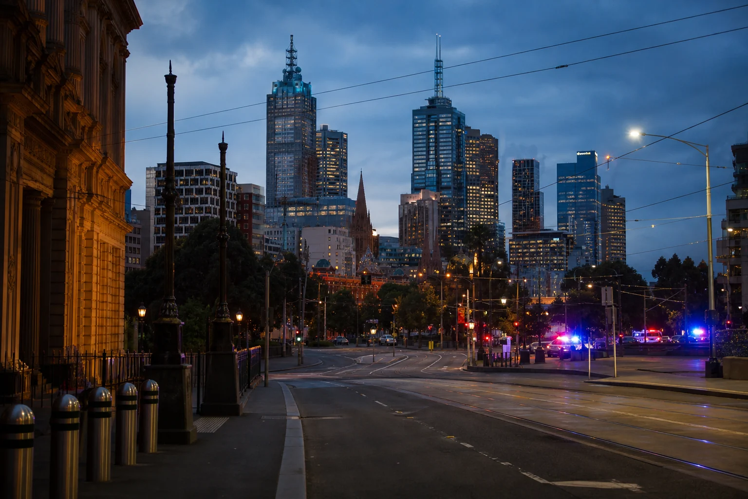 Melbourne city street at dusk with distant police lights representing community safety and security planning