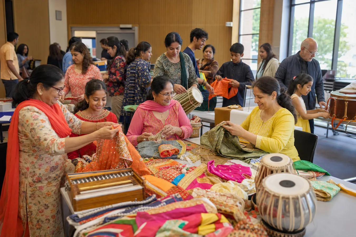 Indian Australian volunteers preparing colourful cultural costumes and music for a Melbourne community event