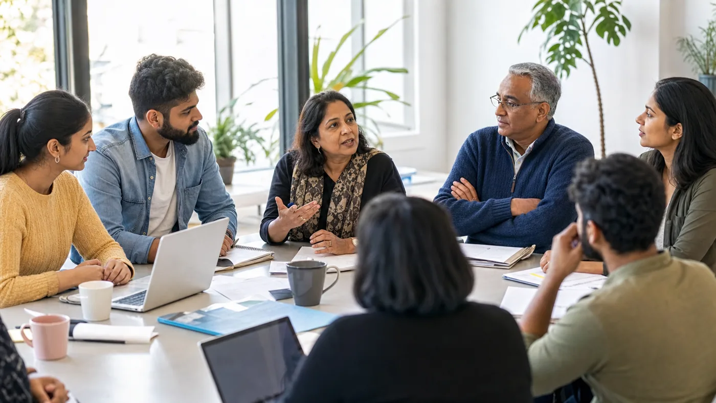 Indian Australian community members discussing migration, belonging and social cohesion in an Australian community centre