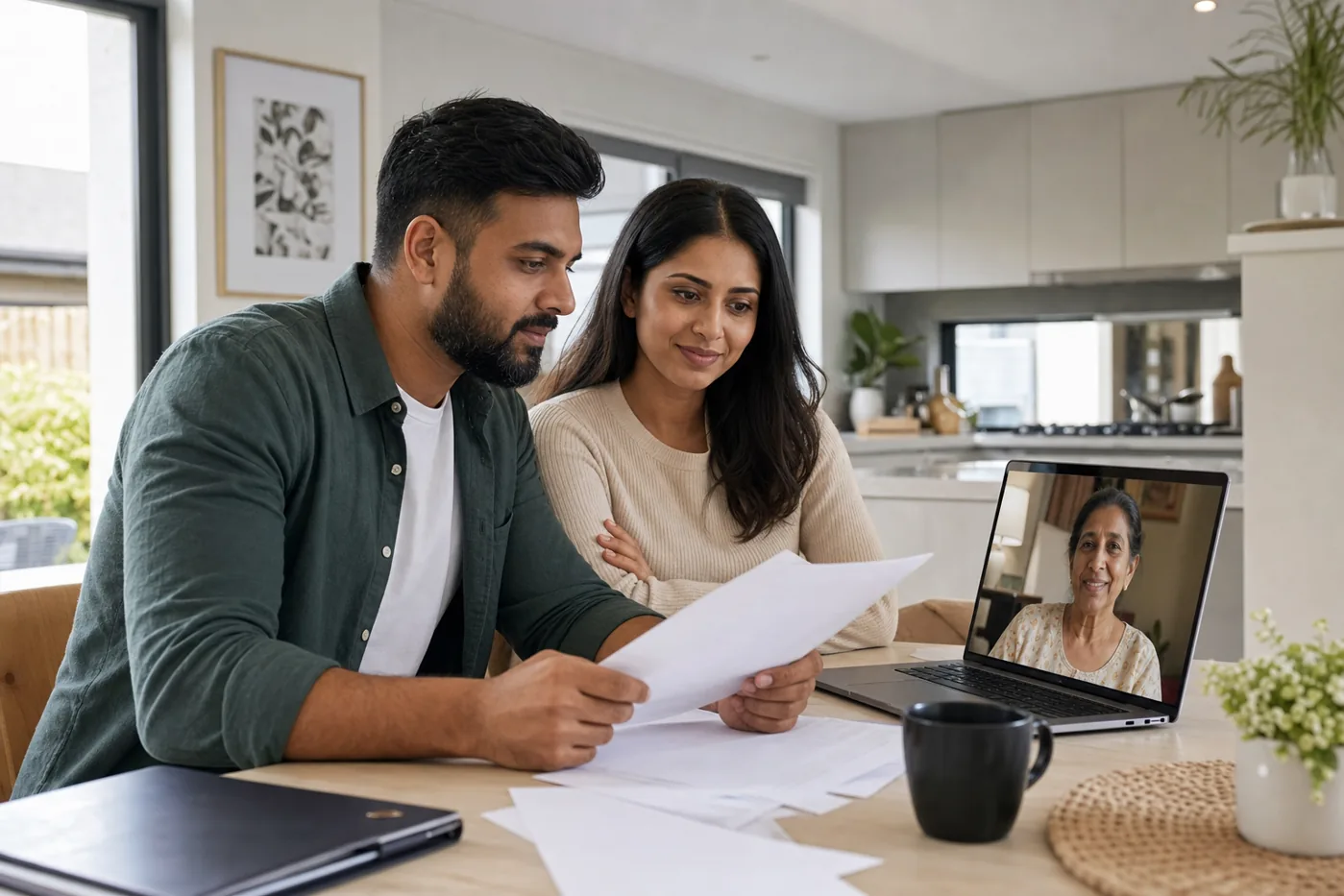 Indian Australian family reviewing permanent migration and parent visa documents at home