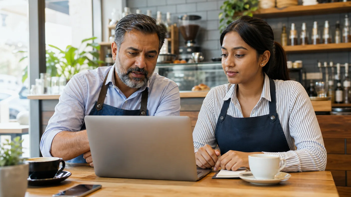 Indian Australian worker and small business owner reviewing a payslip after the 1 July 2026 minimum wage increase in Australia