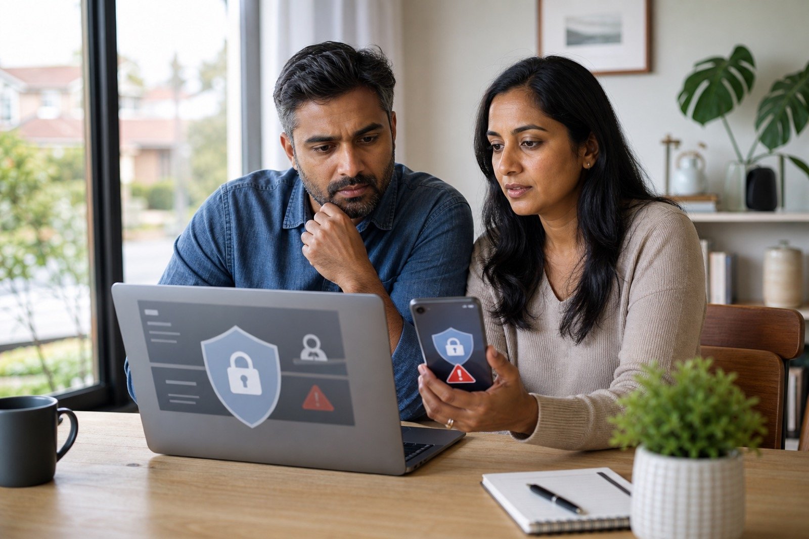 Indian-Australian couple checking myGov tax-time scam warnings on a laptop and smartphone at home