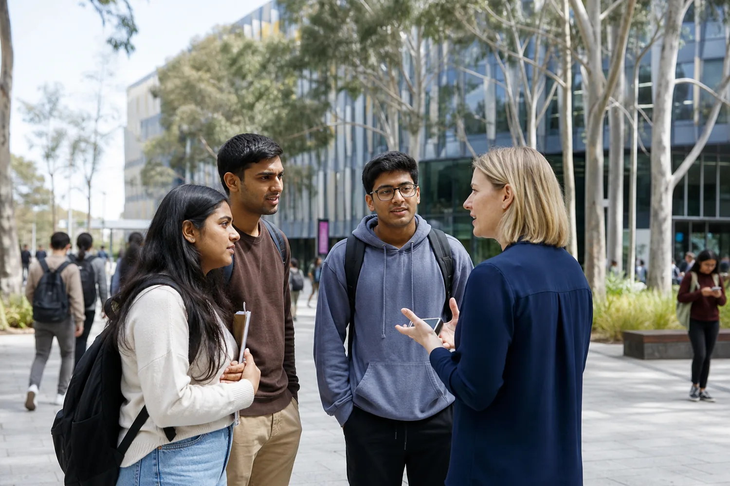 Indian international students speaking with an adviser on an Australian university campus