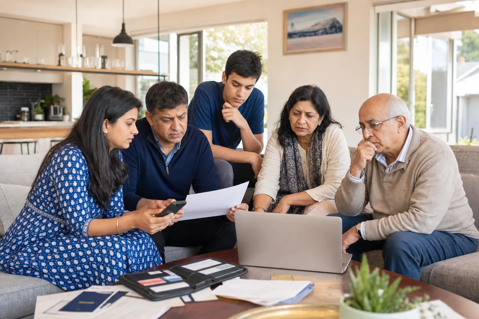 Indian Australian family checking passport, visa and OCI documents at home during VFS service uncertainty