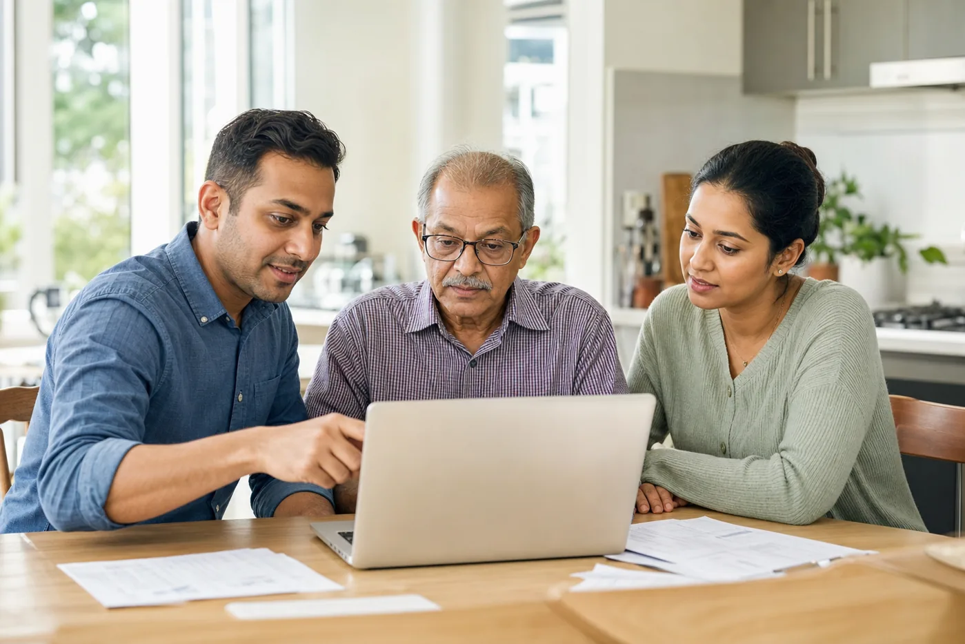 Indian Australian family reviewing parent visa paperwork at home while planning family reunion in Australia