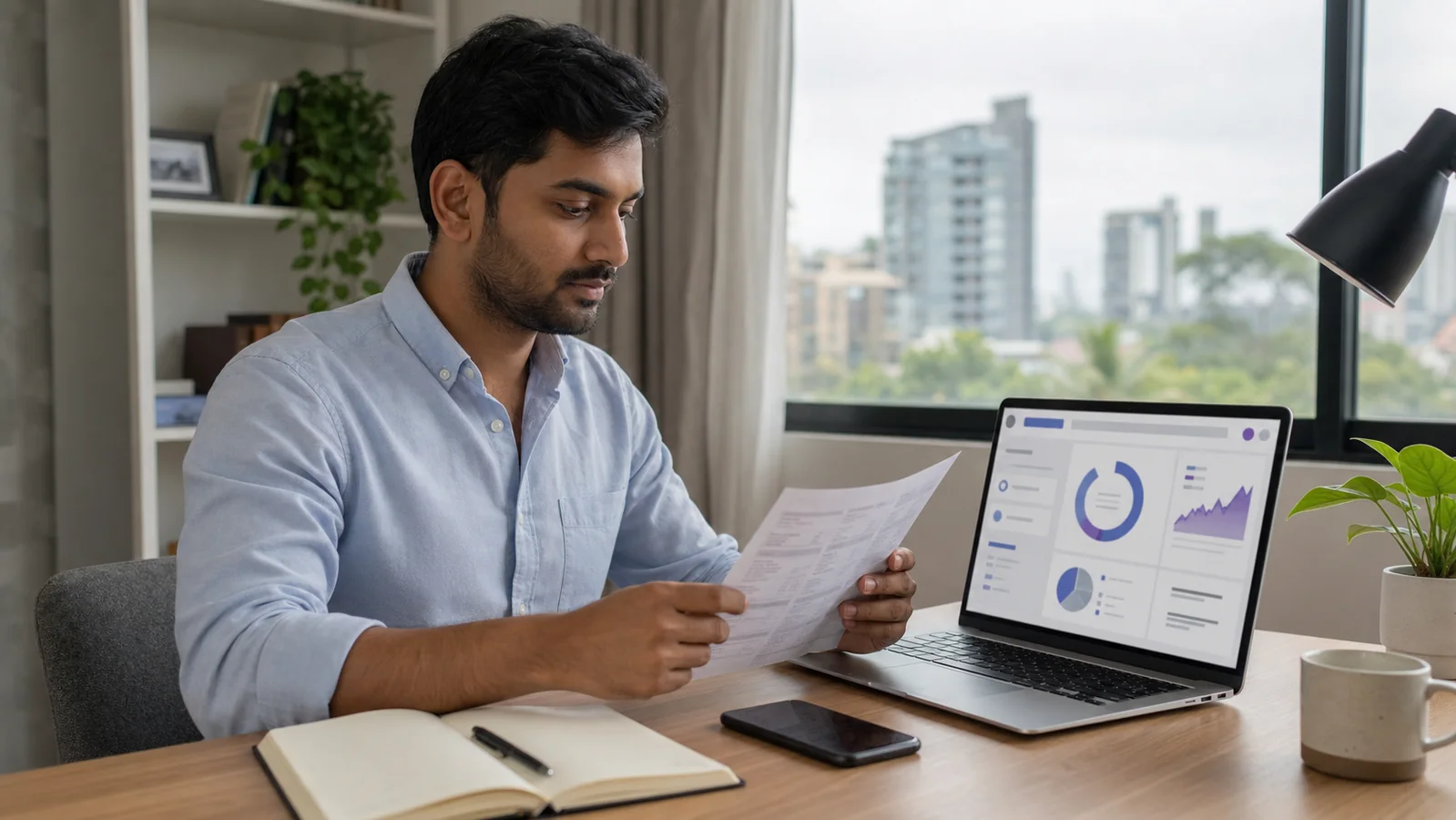 Indian Australian professional checking a payslip and superannuation account on a laptop at home