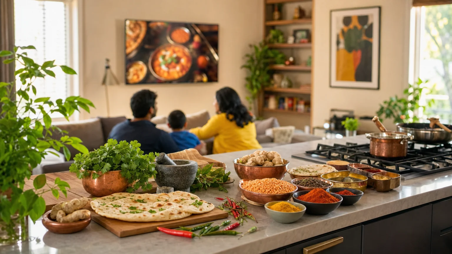 Indian Australian family watching a cooking show in a warm home kitchen with Indian spices and food on the bench