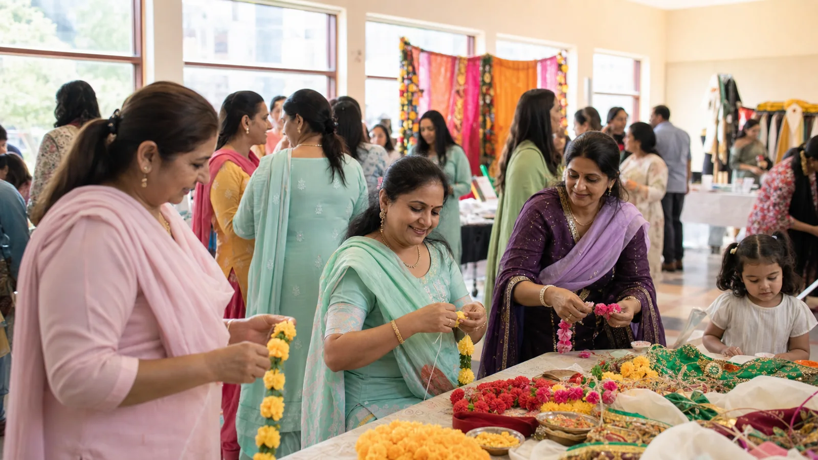 Indian-Australian women preparing colourful Punjabi Teeyan decorations in a Melbourne community hall