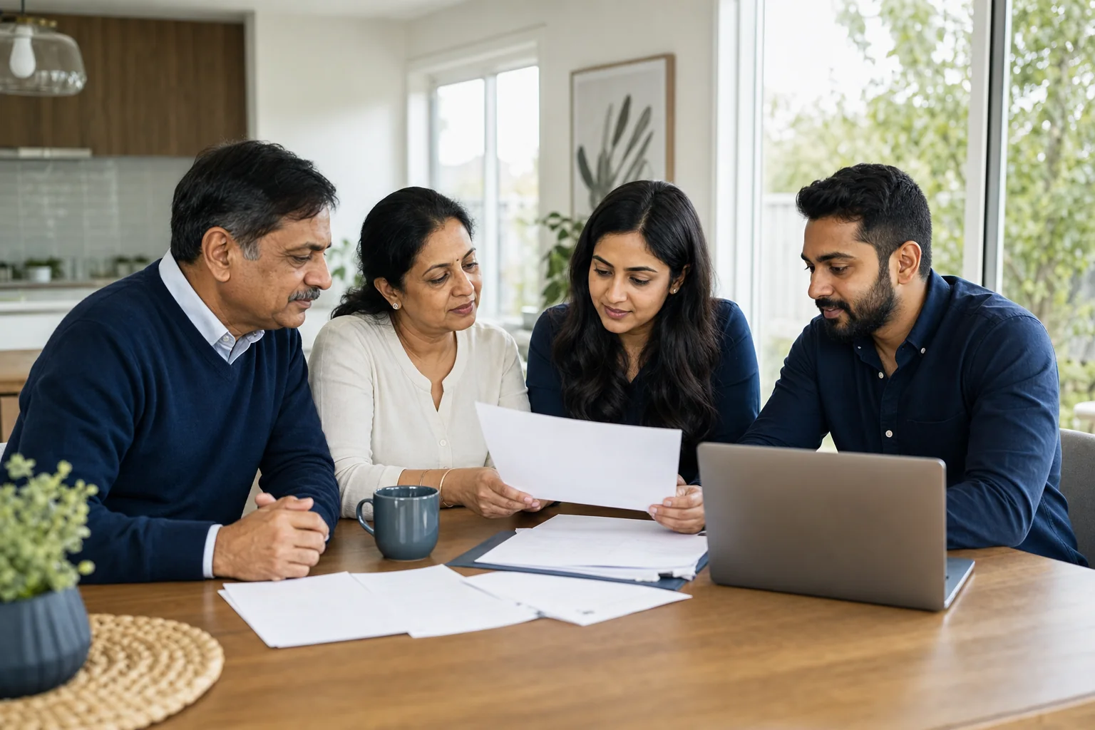 Indian Australian family reviewing Assurance of Support documents for a parent visa at home