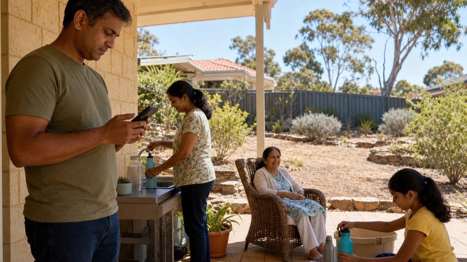 Indian-Australian family preparing their home and water supplies for hotter, drier El Niño weather