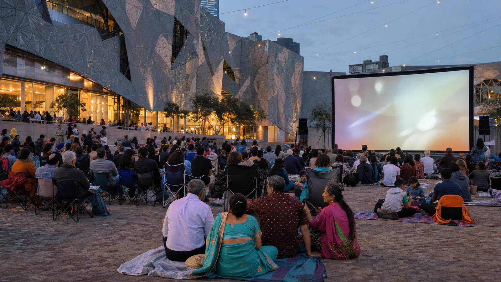 Indian-Australian families and film lovers gathering for an outdoor cinema celebration at Federation Square in Melbourne