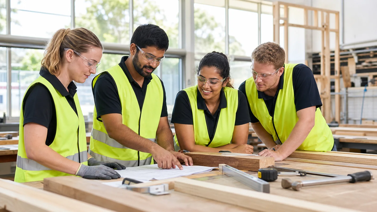 Indian-Australian students learning construction skills in a modern TAFE workshop