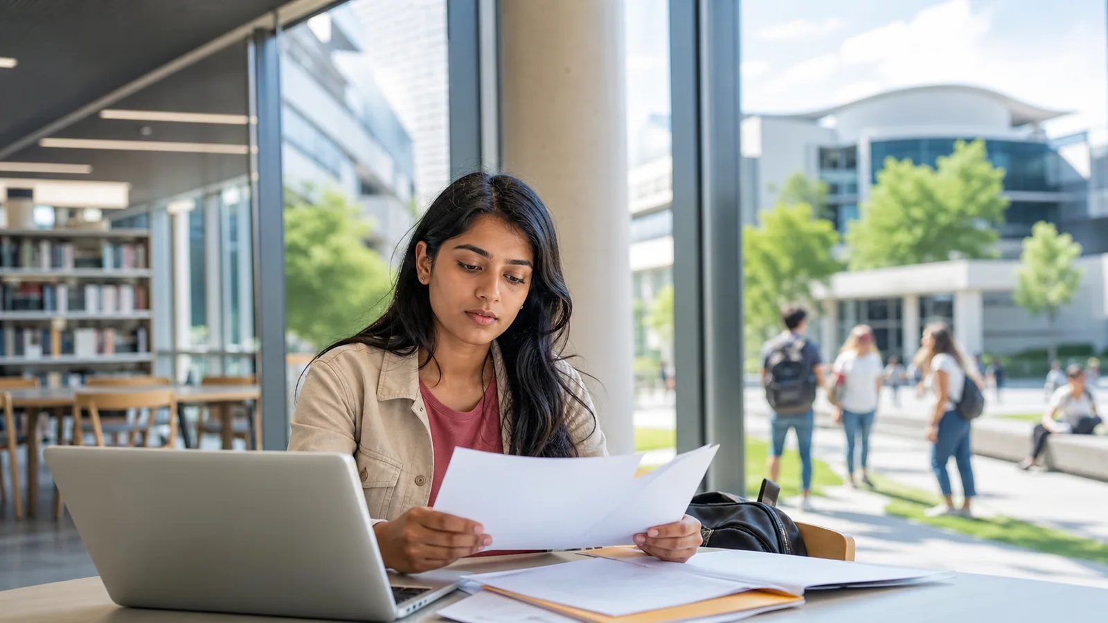 Indian international student reviewing visa documents at an Australian university library