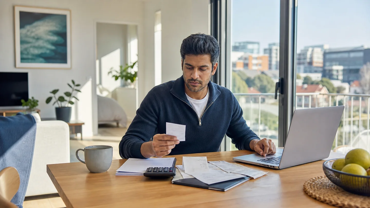 Indian-Australian professional reviewing work expense records and tax documents at home